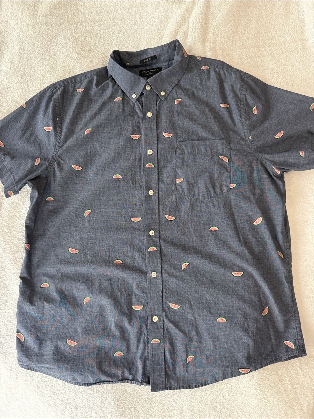 🍉Banana Republic Blue Short-Sleeve Button-Down Shirt with Watermelon Print